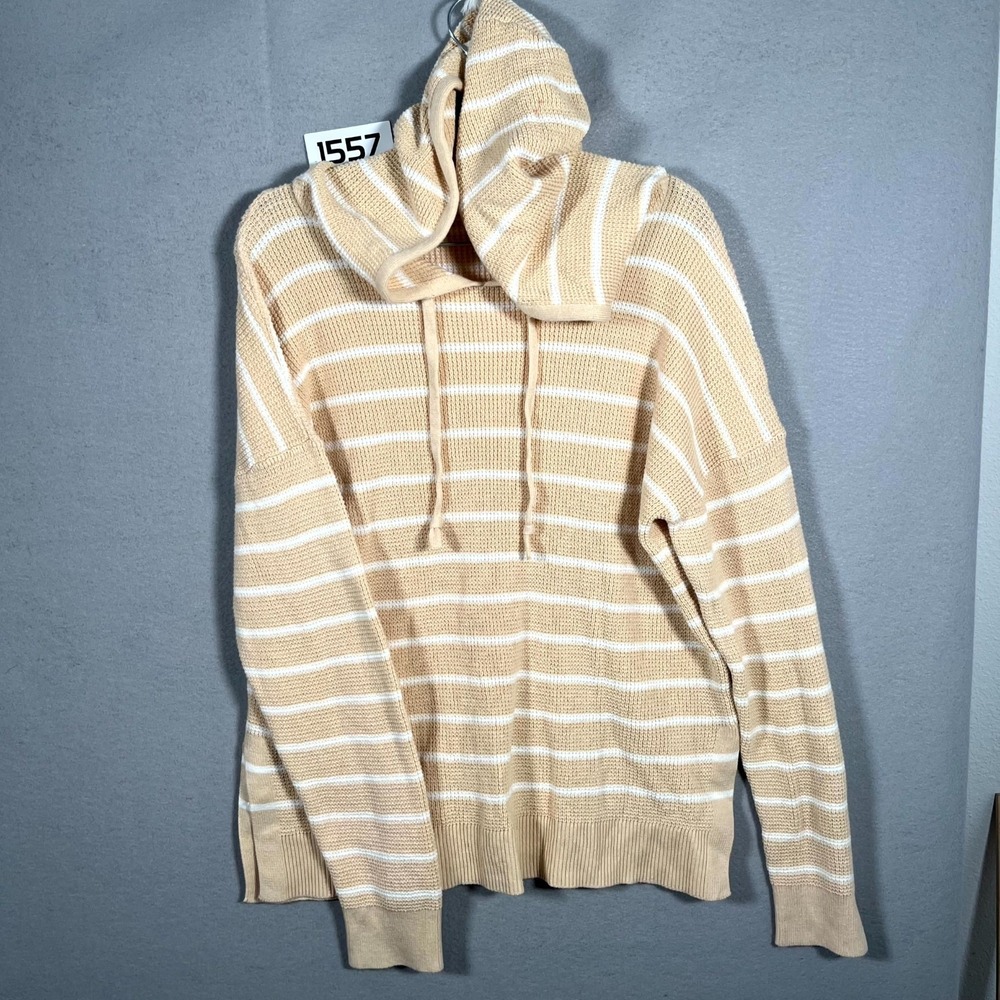 Gap‎ Hooded Sweater Womens L Tan White Striped Textured Waffle Knit Long Sleeve